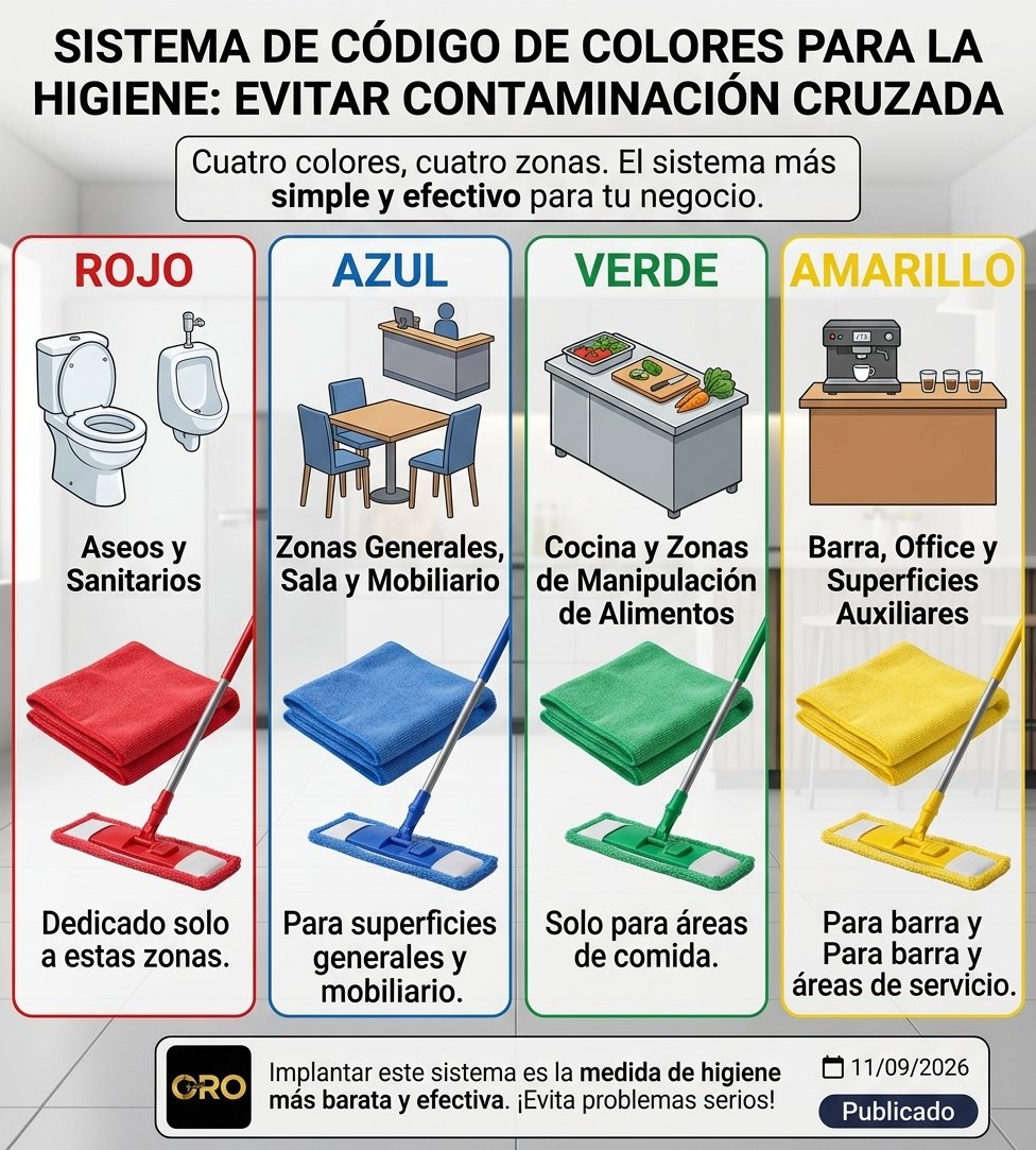 Código de colores en bayetas y fregonas: cómo evitar contaminaciones cruzadas